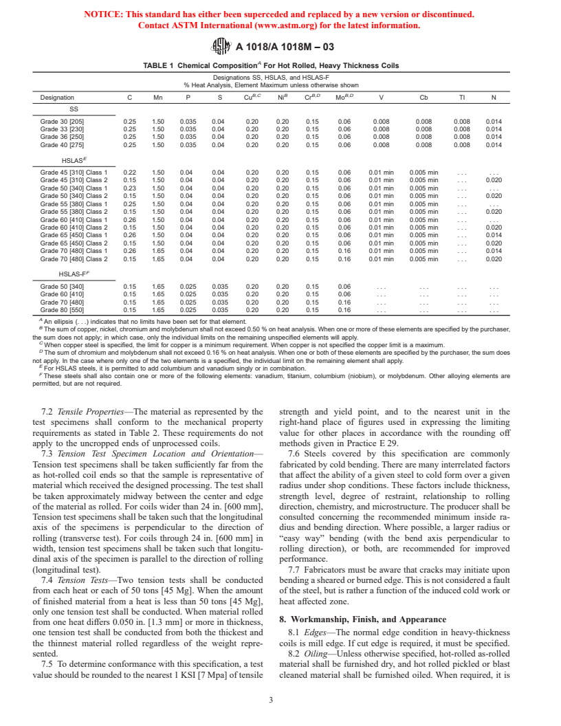 ASTM A1018/A1018M-03 - Standard Specification for Steel, Sheet and Strip, Heavy Thickness Coils, Hot Rolled, Carbon, Structural, High-Strength Low-Alloy, Columbium or Vanadium, and High-Strength Low-Alloy with Improved Formability