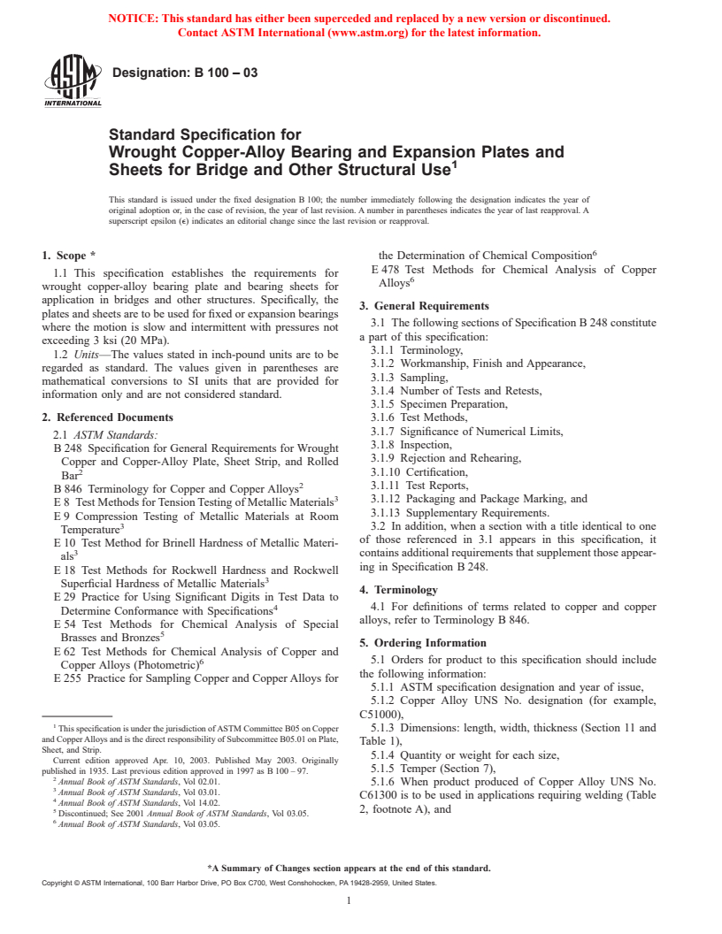 ASTM B100-03 - Standard Specification for Wrought Copper-Alloy Bearing and Expansion Plates and Sheets for Bridge and Other Structural Use