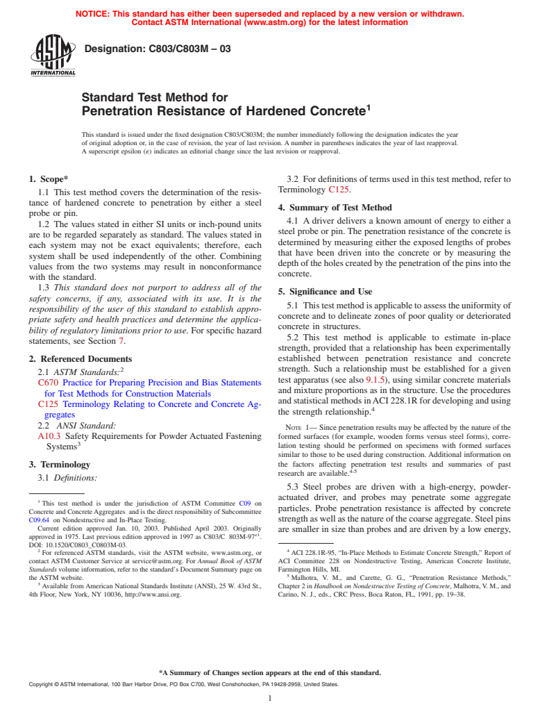 ASTM C803/C803M-03 - Standard Test Method for Penetration Resistance of Hardened Concrete