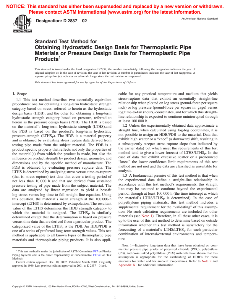 ASTM D2837-02 - Standard Test Method for Obtaining Hydrostatic Design Basis for Thermoplastic Pipe Materials