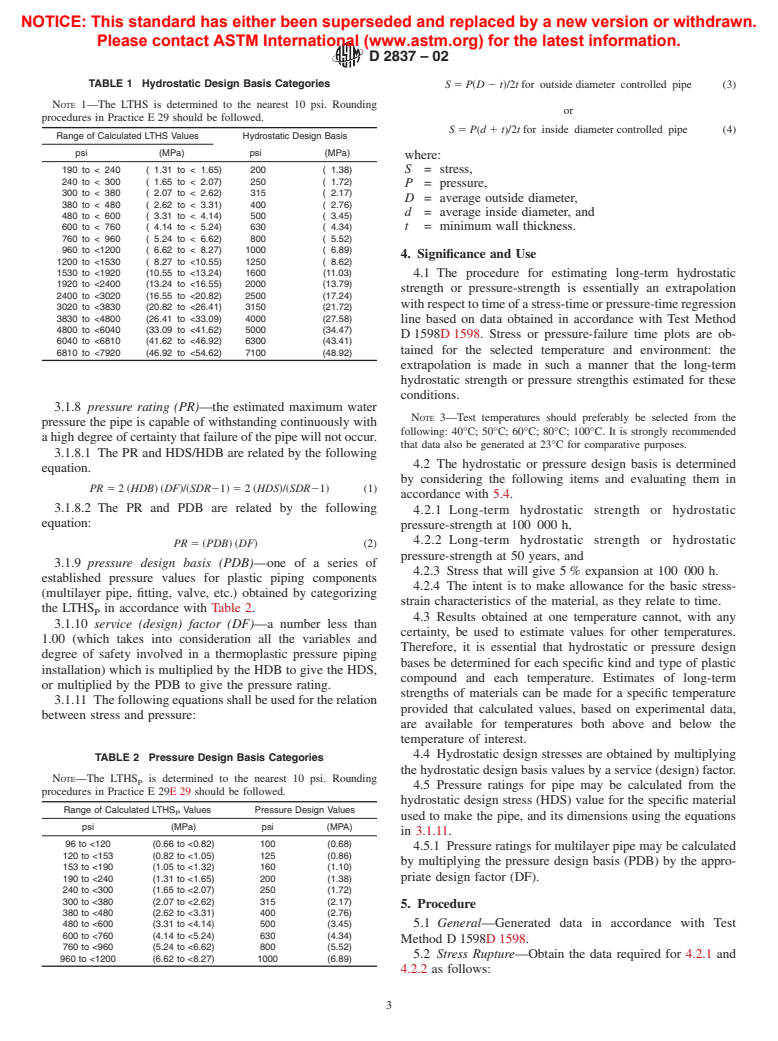 ASTM D2837-02 - Standard Test Method for Obtaining Hydrostatic Design Basis for Thermoplastic Pipe Materials