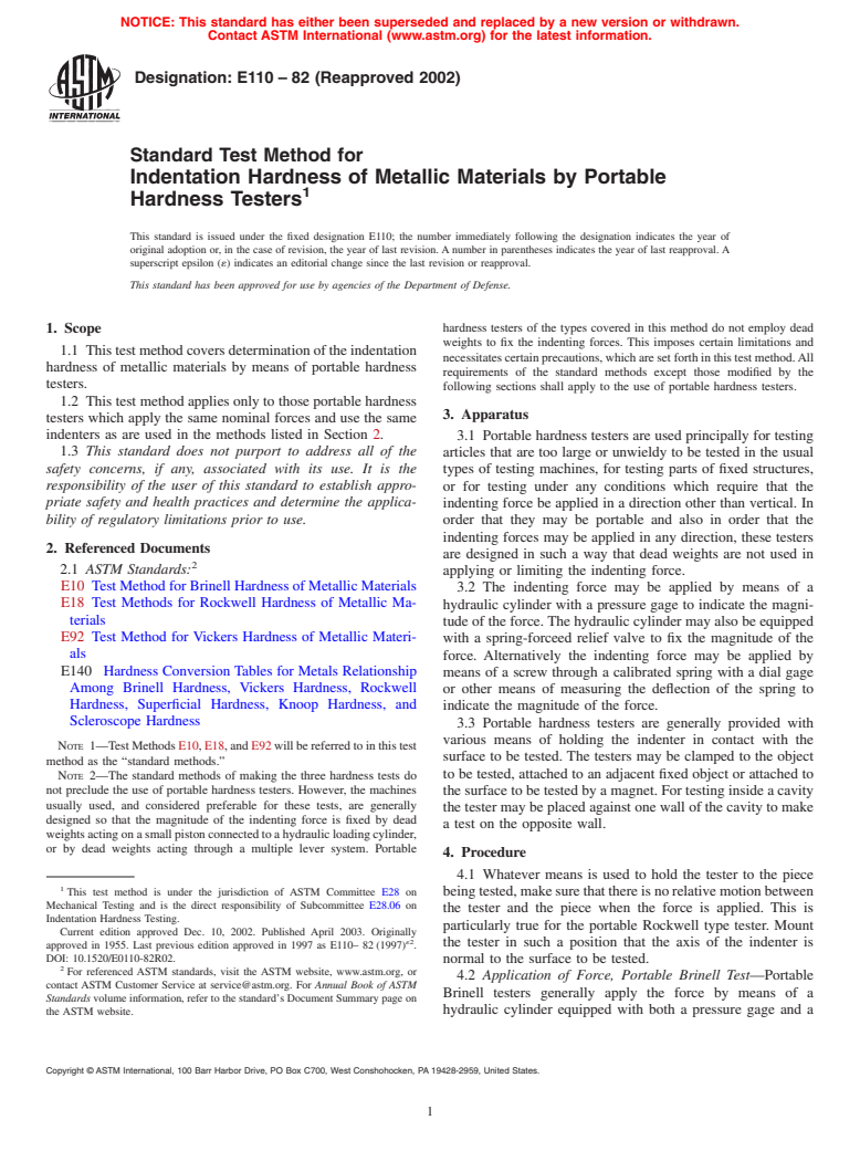 ASTM E110-82(2002) - Standard Test Method for Indentation Hardness of Metallic Materials by Portable Hardness Testers