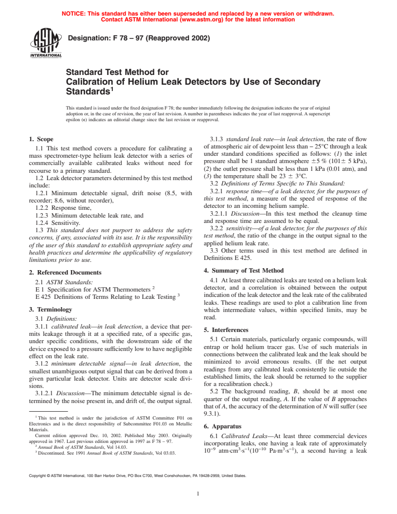 ASTM F78-97(2002) - Standard Test Method for Calibration of Helium Leak Detectors by Use of Secondary Standards (Withdrawn 2008)