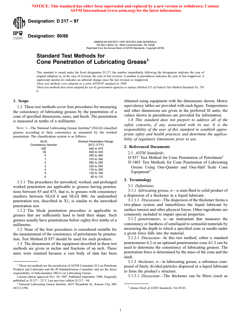 ASTM D217-97 - Standard Test Methods for Cone Penetration of Lubricating Grease