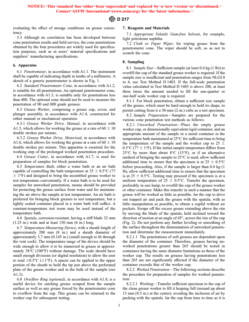 ASTM D217-97 - Standard Test Methods for Cone Penetration of Lubricating Grease