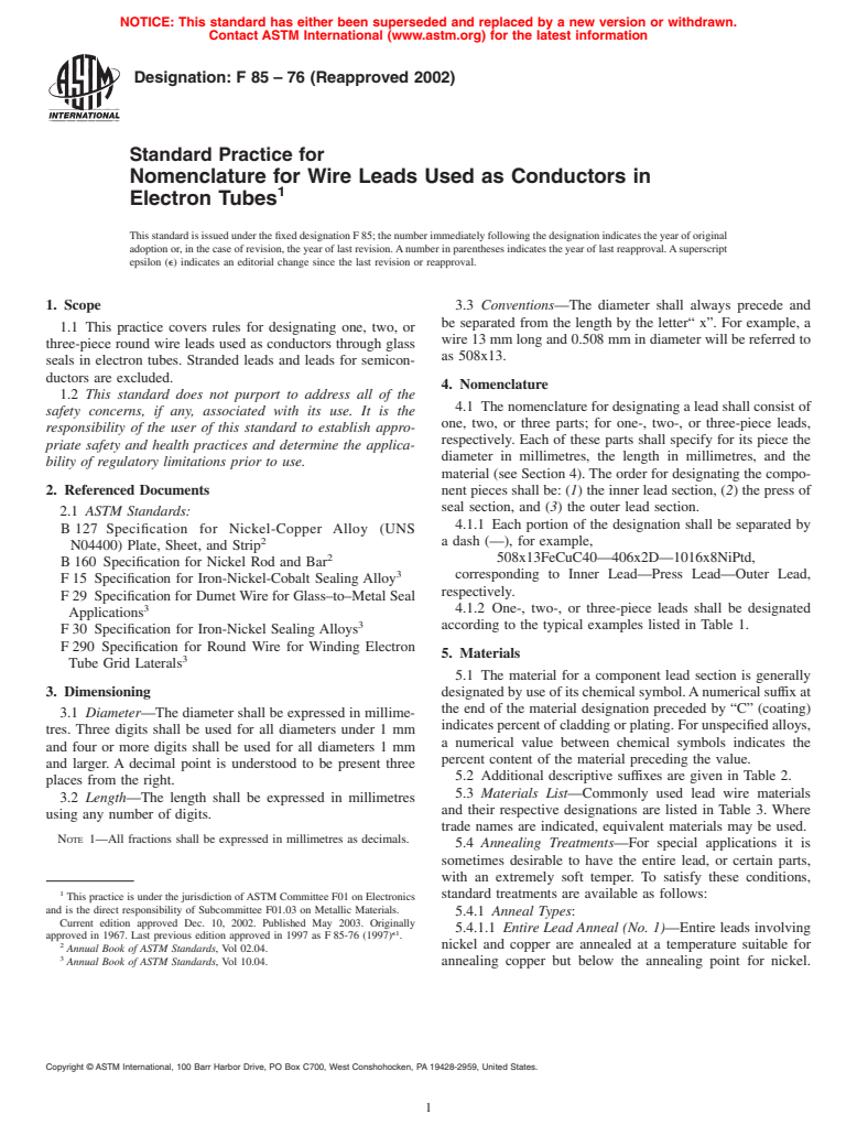 ASTM F85-76(2002) - Standard Practice for Nomenclature for Wire Leads Used as Conductors in Electron Tubes