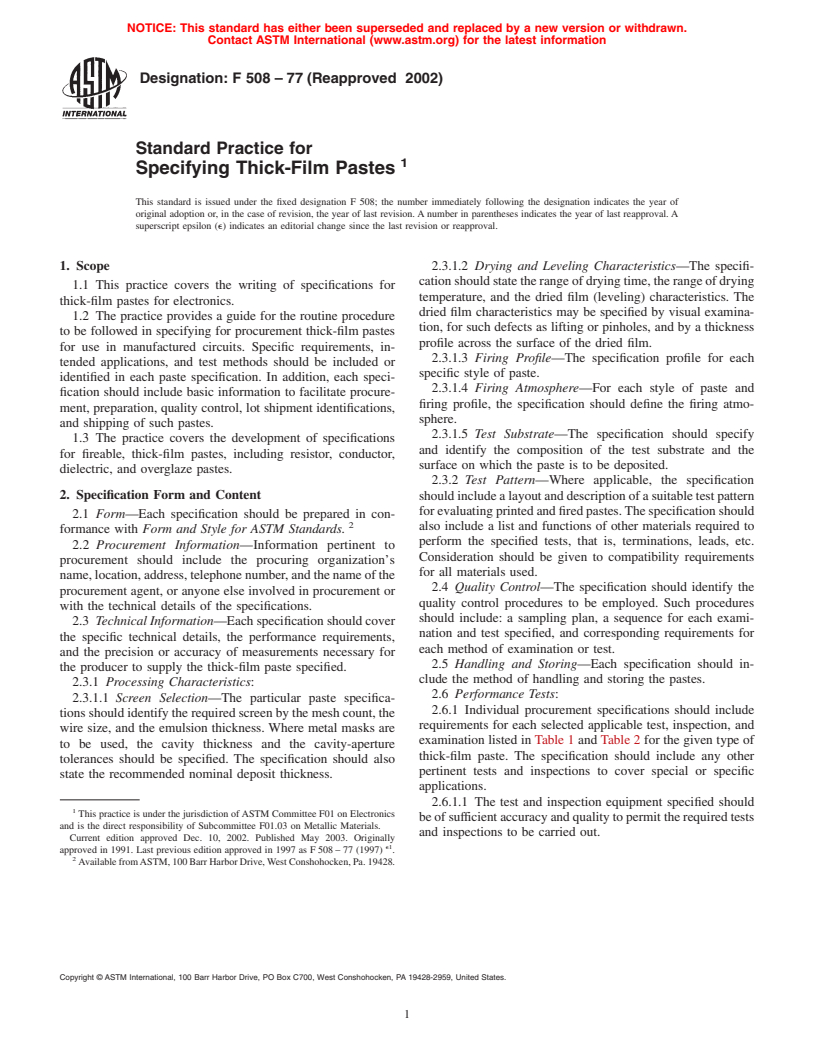 ASTM F508-77(2002) - Standard Practice for Specifying Thick-Film Pastes (Withdrawn 2008)