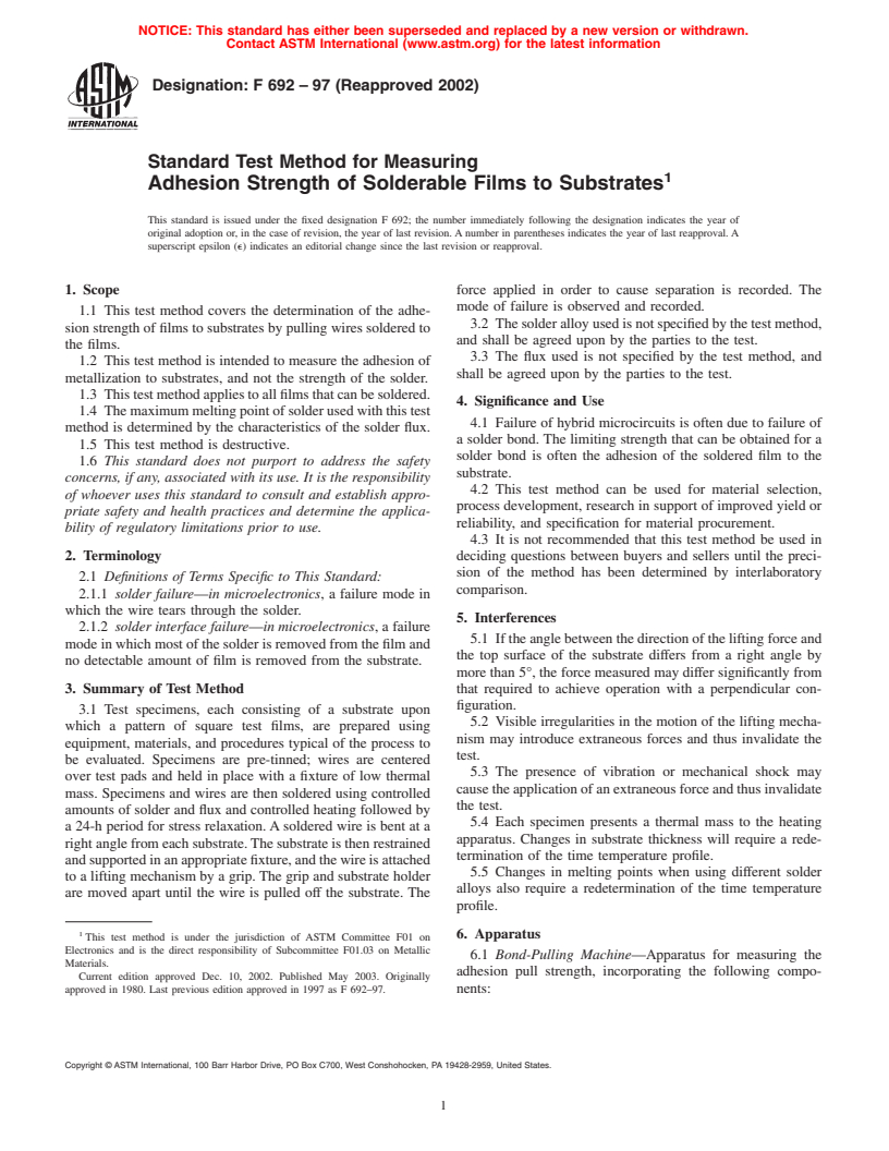 ASTM F692-97(2002) - Standard Test Method for Measuring Adhesion Strength of Solderable Films to Substrates (Withdrawn 2008)