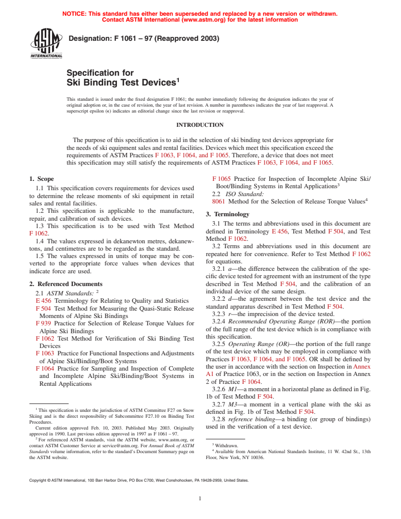 ASTM F1061-97(2003) - Specification for Ski Binding Test Devices