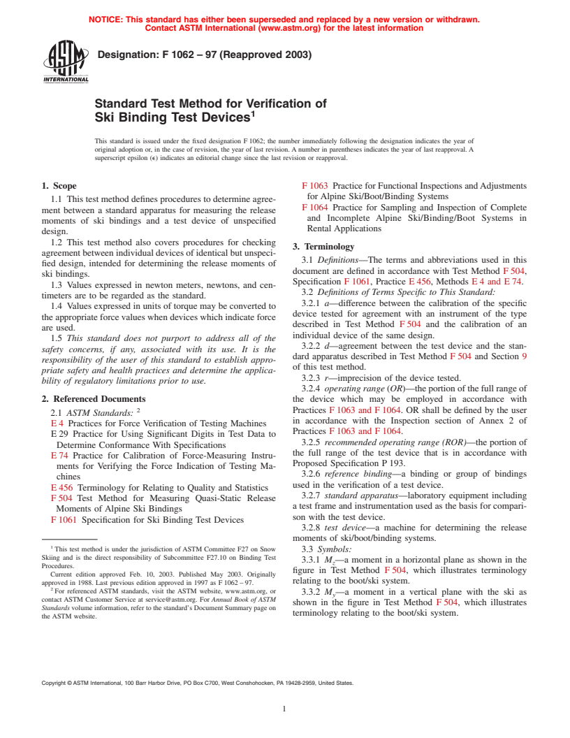 ASTM F1062-97(2003) - Standard Test Method for Verification of Ski Binding Test Devices