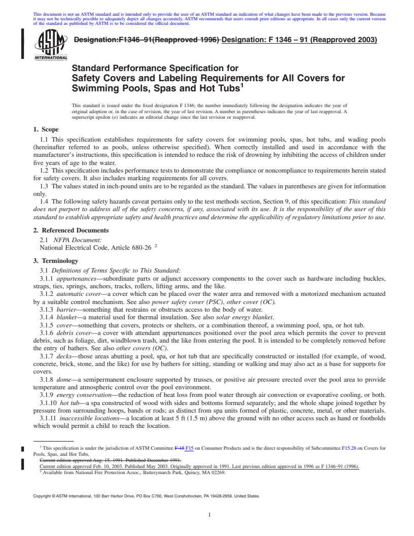 REDLINE ASTM F1346-91(2003) - Standard Performance Specification for Safety Covers and Labeling Requirements for All Covers for Swimming Pools, Spas and Hot Tubs