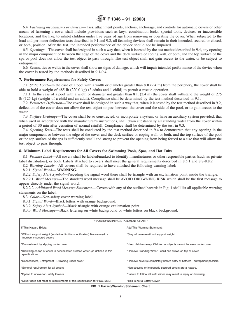 REDLINE ASTM F1346-91(2003) - Standard Performance Specification for Safety Covers and Labeling Requirements for All Covers for Swimming Pools, Spas and Hot Tubs