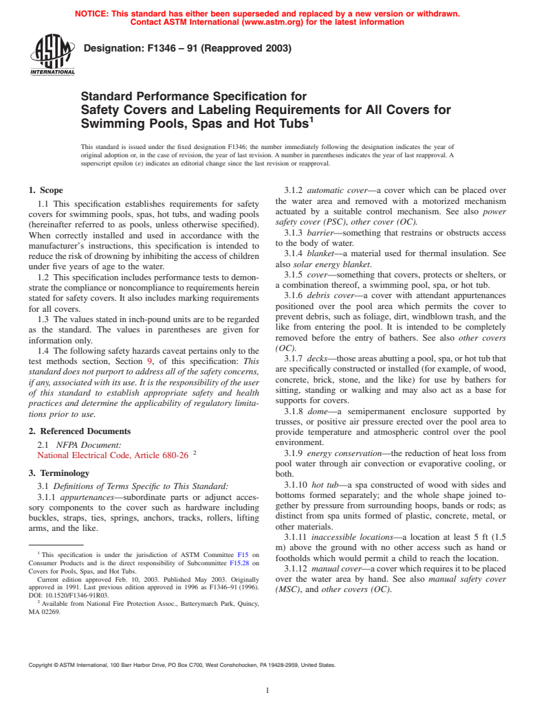 ASTM F1346-91(2003) - Standard Performance Specification for Safety Covers and Labeling Requirements for All Covers for Swimming Pools, Spas and Hot Tubs