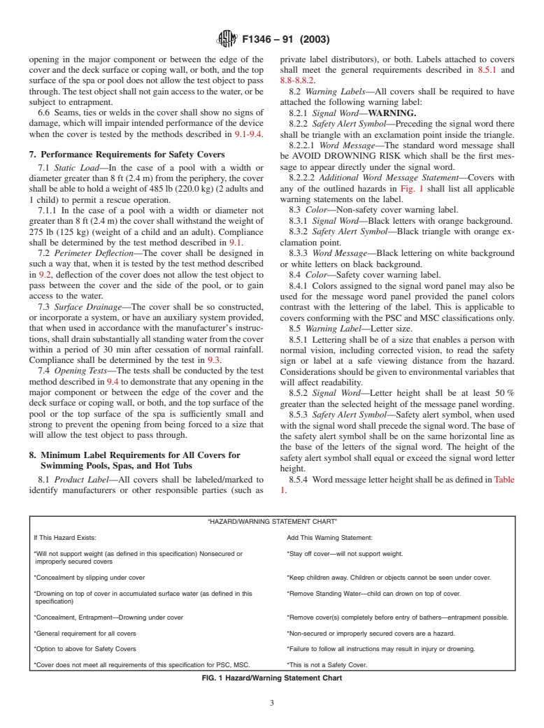 ASTM F1346-91(2003) - Standard Performance Specification for Safety Covers and Labeling Requirements for All Covers for Swimming Pools, Spas and Hot Tubs