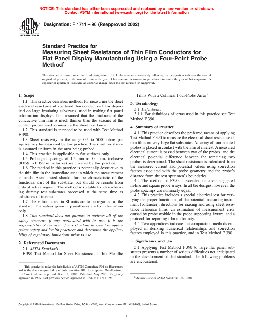 ASTM F1711-96(2002) - Standard Practice for Measuring Sheet Resistance of Thin Film Conductors for Flat Panel Display Manufacturing Using a Four-Point Probe