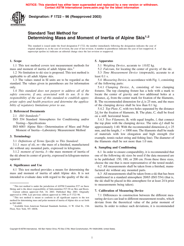 ASTM F1722-96(2003) - Standard Test Method for Determining Mass and Moment of Inertia of Alpine Skis