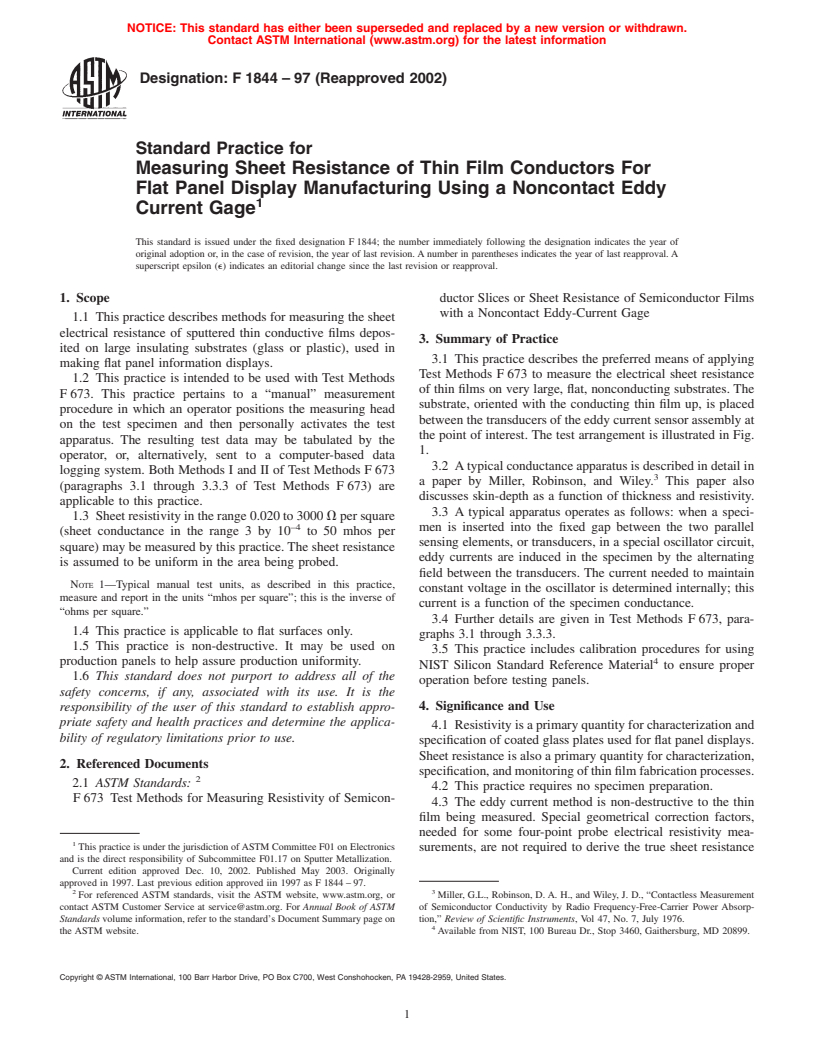 ASTM F1844-97(2002) - Standard Practice for Measuring Sheet Resistance of Thin Film Conductors For Flat Panel Display Manufacturing Using a Noncontact Eddy Current Gage