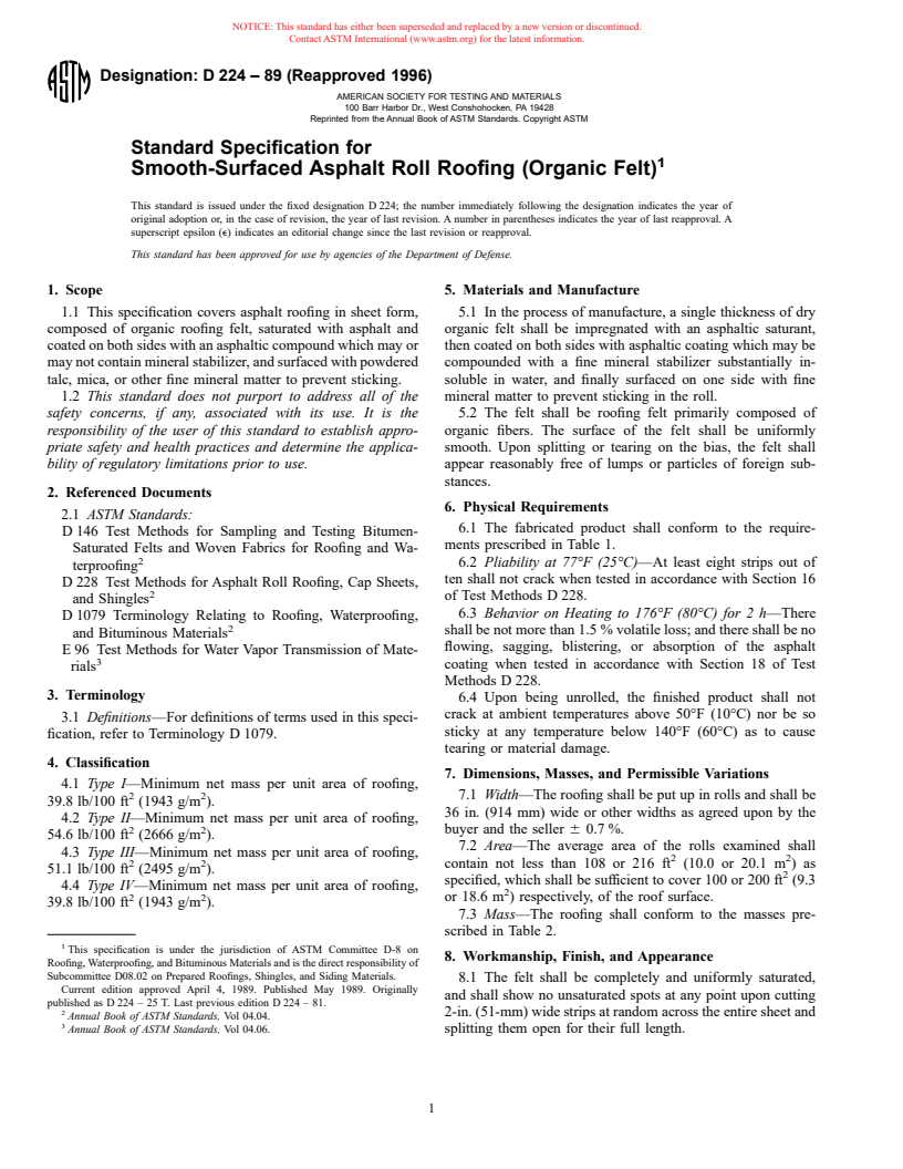 ASTM D224-89(1996) - Standard Specification for Smooth-Surfaced Asphalt Roll Roofing (Organic Felt) (Withdrawn 2002)
