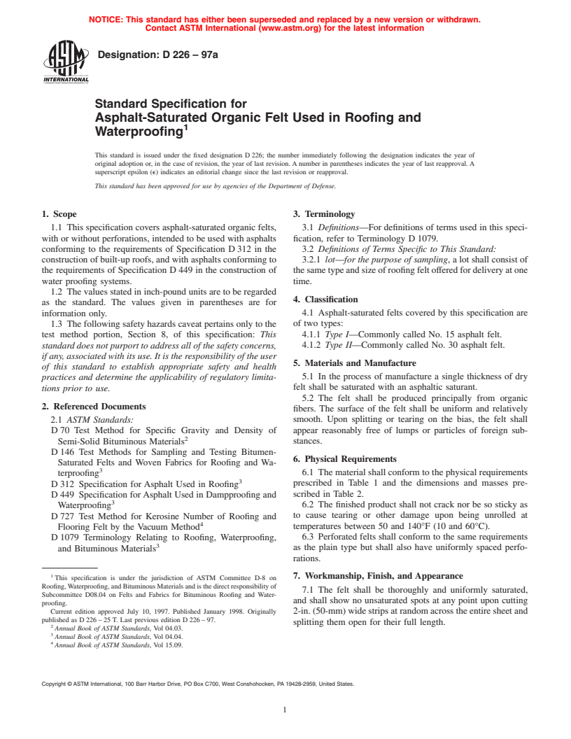 ASTM D226-97a - Standard Specification for Asphalt-Saturated Organic Felt Used in Roofing and Waterproofing