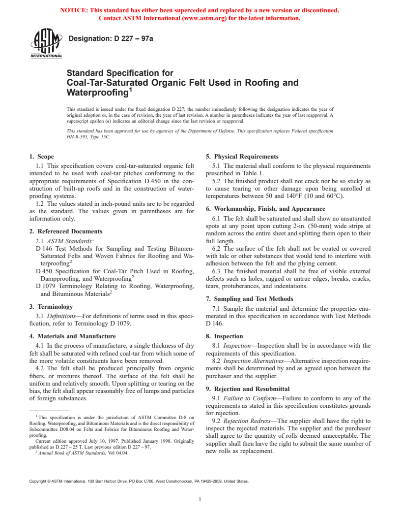 ASTM D227-97a - Standard Specification for Coal-Tar-Saturated Organic Felt Used in Roofing and Waterproofing