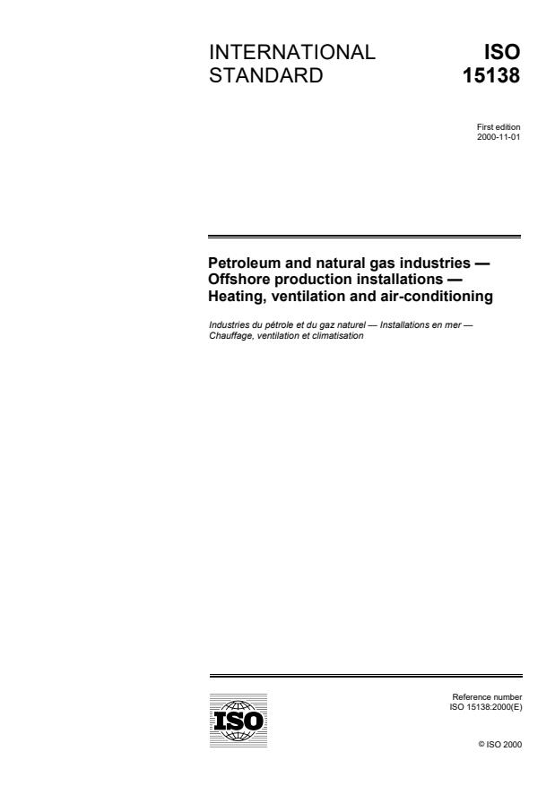 ISO 15138:2000 - Petroleum and natural gas industries -- Offshore production installations -- Heating, ventilation and air-conditioning
