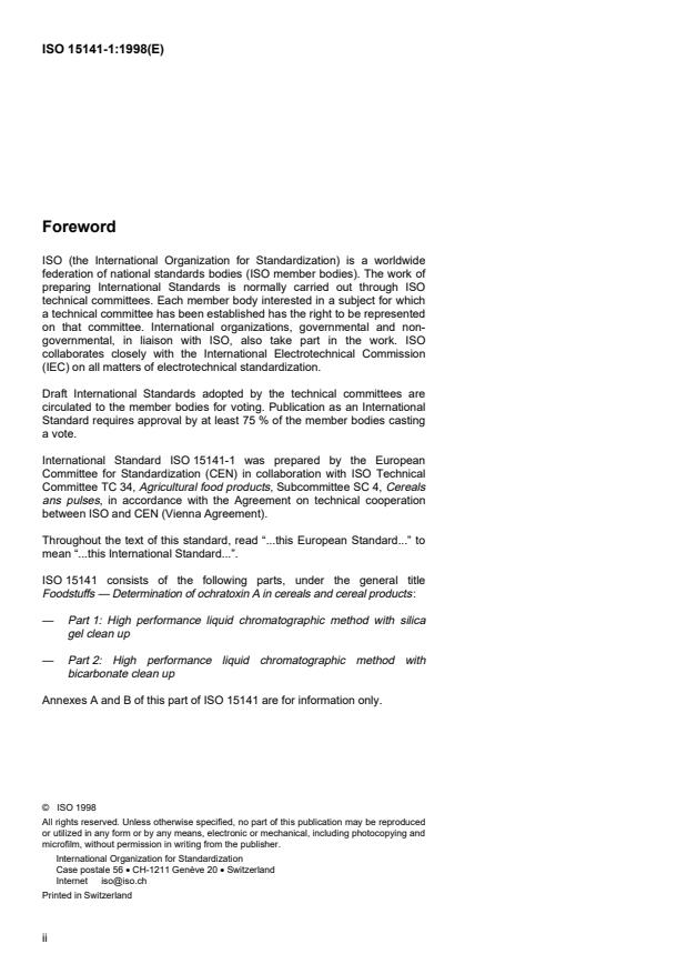 ISO 15141-1:1998 ISO 15141-1:1998 - Foodstuffs -- Determination of ochratoxin A in cereals and cereal products - Page 2 preview