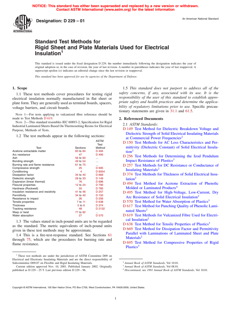 ASTM D229-01 - Standard Test Methods for Rigid Sheet and Plate Materials Used for Electrical Insulation