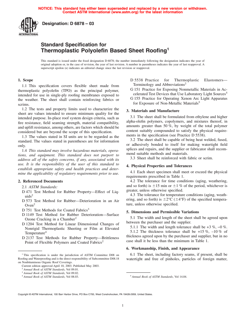 ASTM D6878-03 - Standard Specification for Thermoplastic Polyolefin Based Sheet Roofing