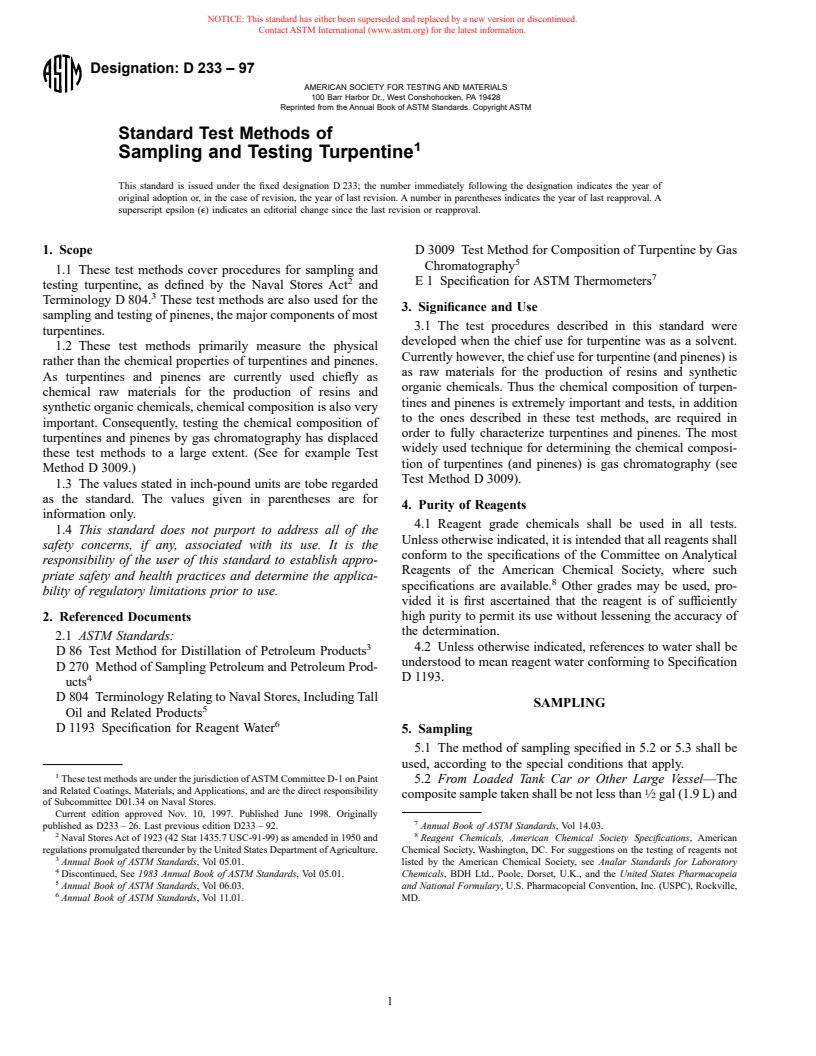 ASTM D233-97 - Standard Test Methods of Sampling and Testing Turpentine