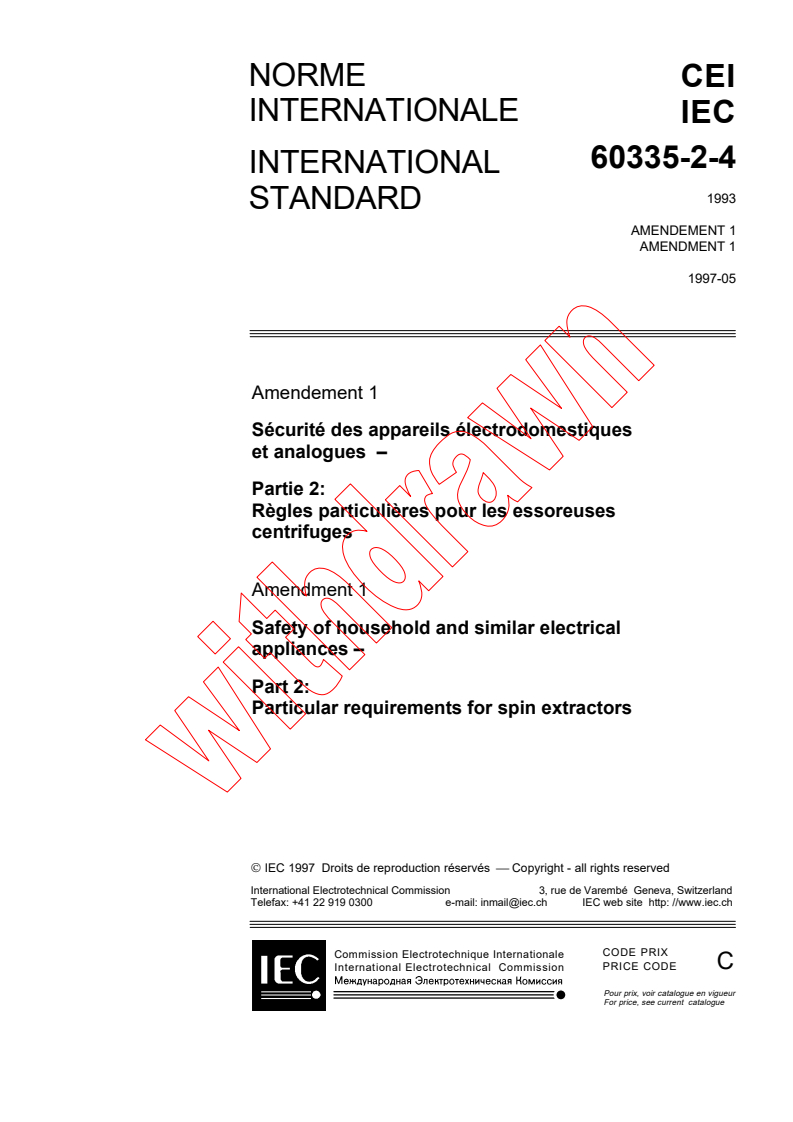 IEC 60335-2-4:1993/AMD1:1997 - Amendment 1 - Safety of household and similar electrical appliances - Part 2: Particular requirements for spin extractors
Released:5/16/1997
Isbn:2831838398