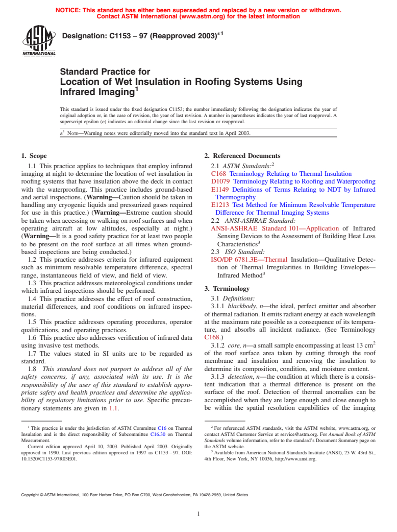 ASTM C1153-97(2003)e1 - Standard Practice for Location of Wet Insulation in Roofing Systems Using Infrared Imaging