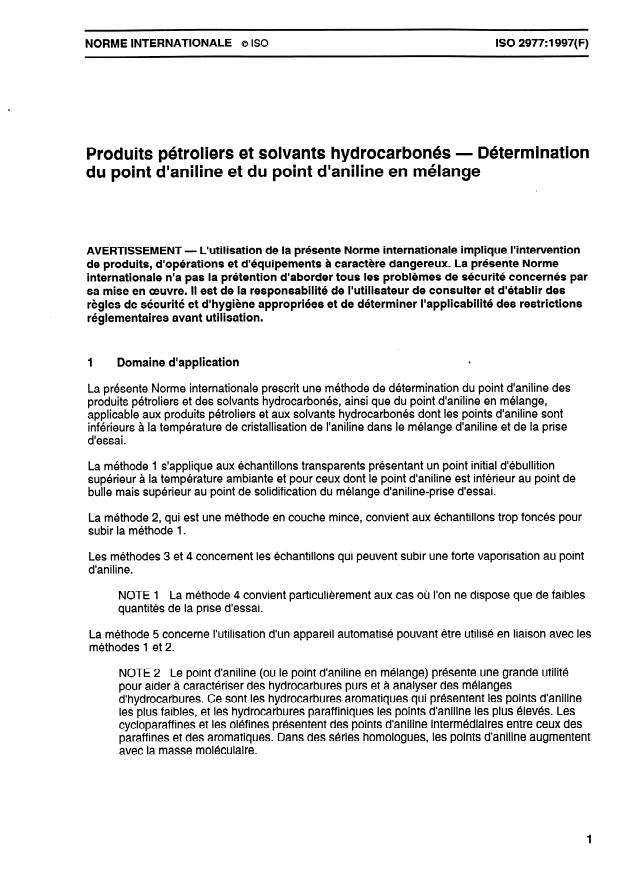 ISO 2977:1997 - Produits pétroliers et solvants hydrocarbonés -- Détermination du point d'aniline et du point d'aniline en mélange