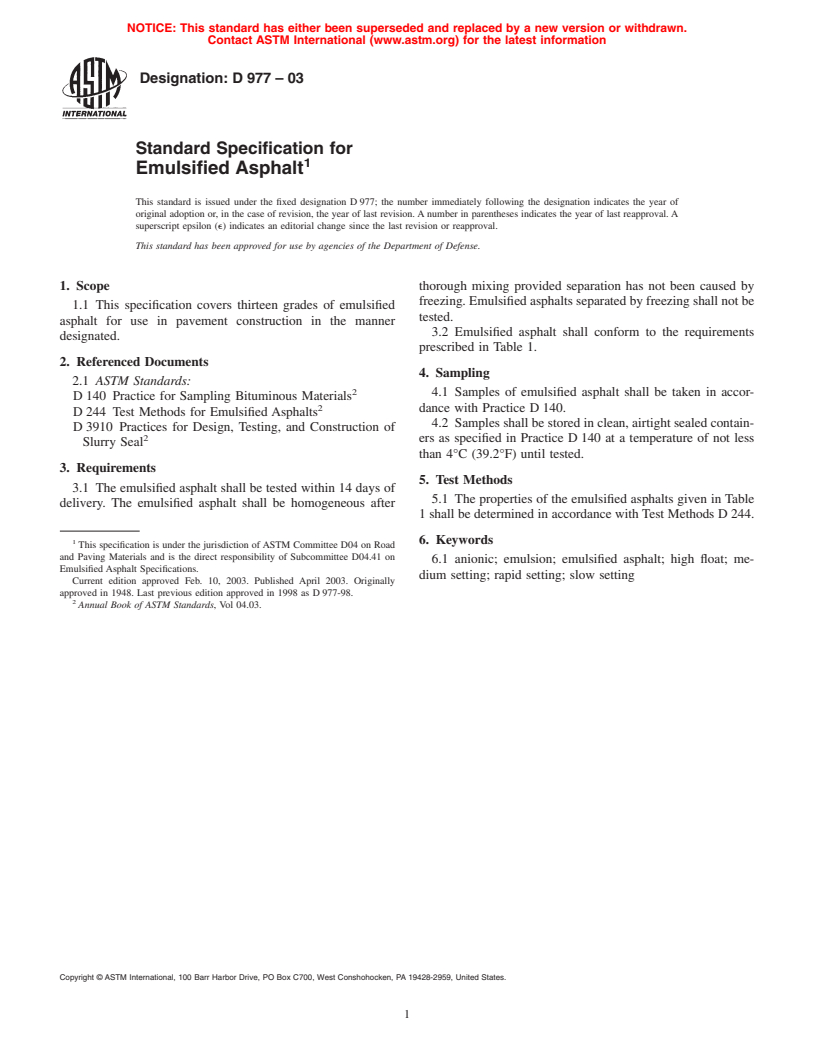 ASTM D977-03 - Standard Specification for Emulsified Asphalt
