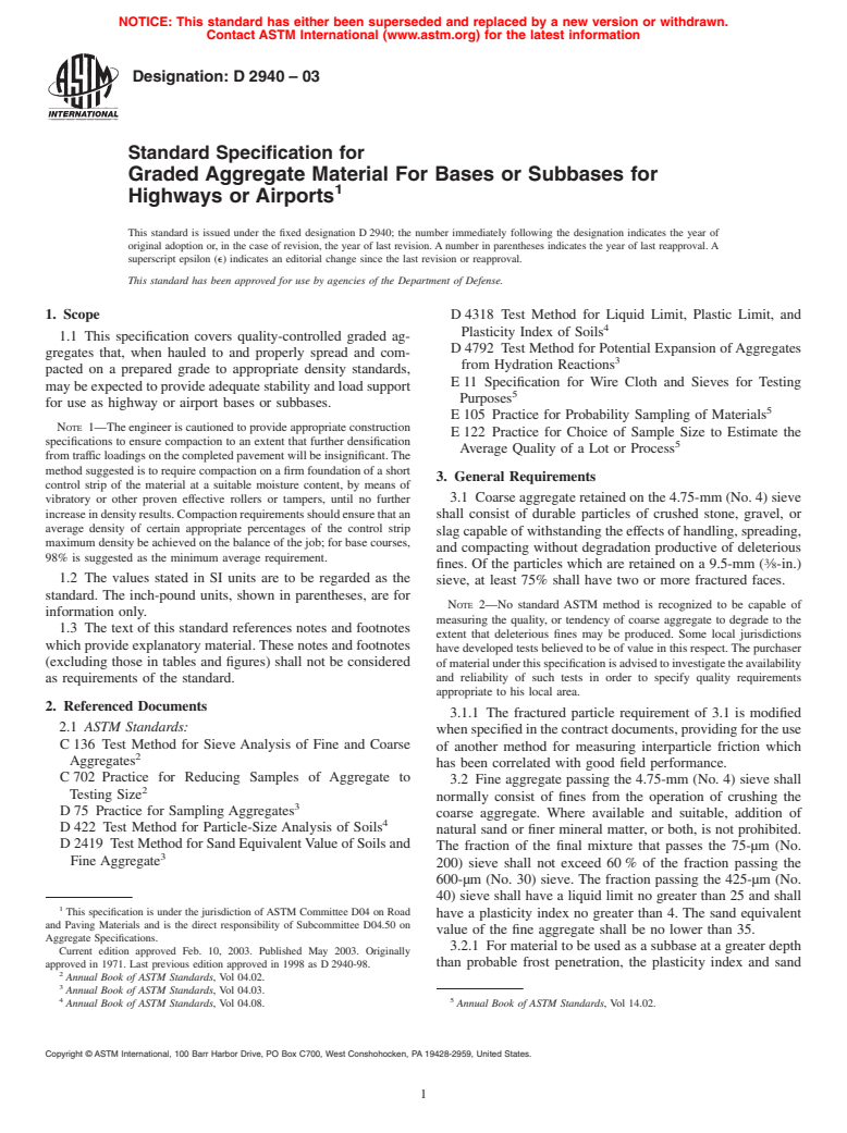 ASTM D2940-03 - Standard Specification for Graded Aggregate Material For Bases or Subbases for Highways or Airports