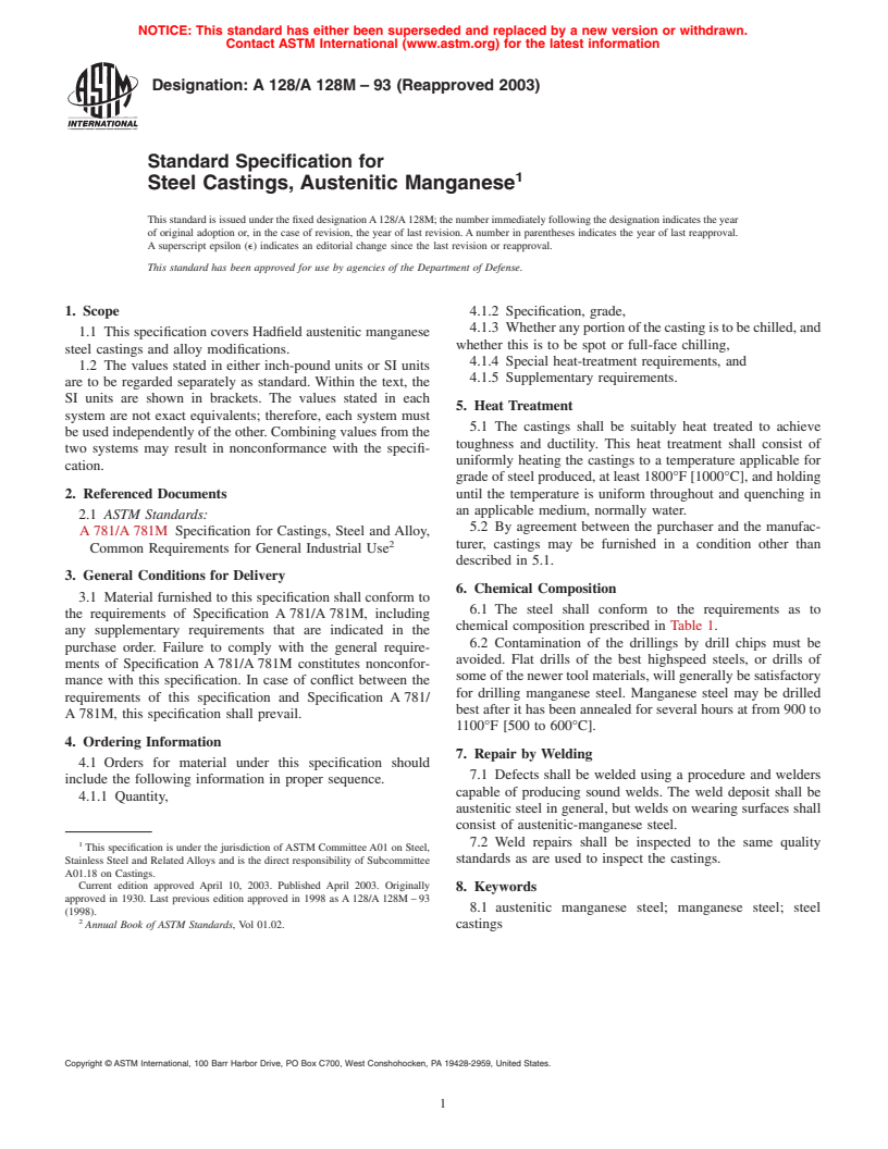 ASTM A128/A128M-93(2003) - Standard Specification for Steel Castings, Austenitic Manganese