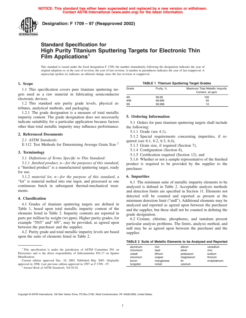 ASTM F1709-97(2002) - Standard Specification for High Purity Titanium Sputtering Targets for Electronic Thin Film Applications