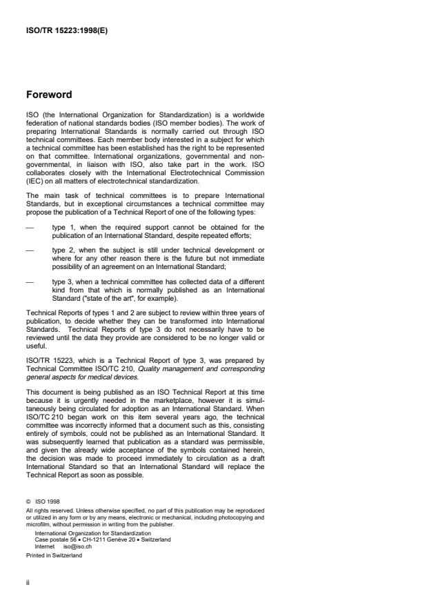 ISO/TR 15223:1998 ISO/TR 15223:1998 - Medical devices -- Symbols to be used with medical device labels, labelling and information to be supplied - Page 2 preview