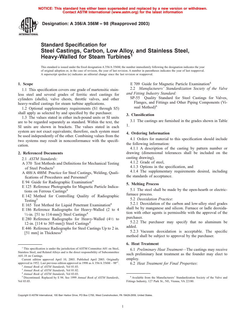 ASTM A356/A356M-98(2003) - Standard Specification for Steel Castings, Carbon, Low Alloy, and Stainless Steel, Heavy-Walled for Steam Turbines