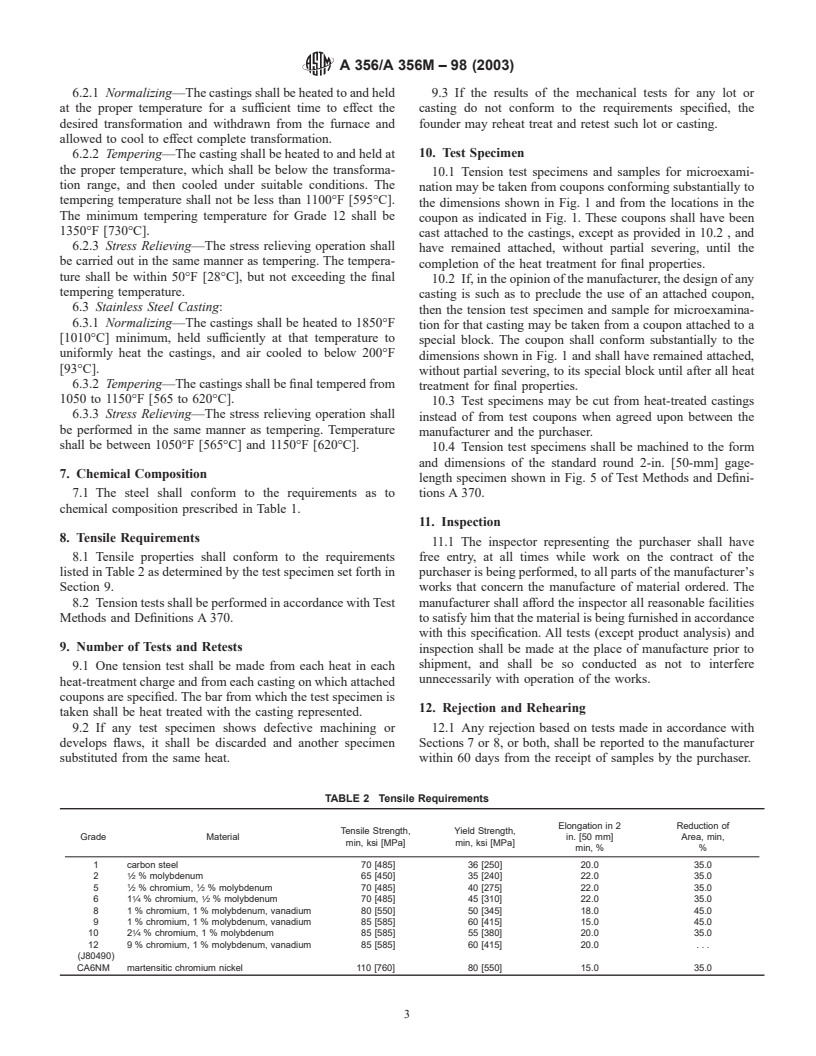 ASTM A356/A356M-98(2003) - Standard Specification for Steel Castings, Carbon, Low Alloy, and Stainless Steel, Heavy-Walled for Steam Turbines