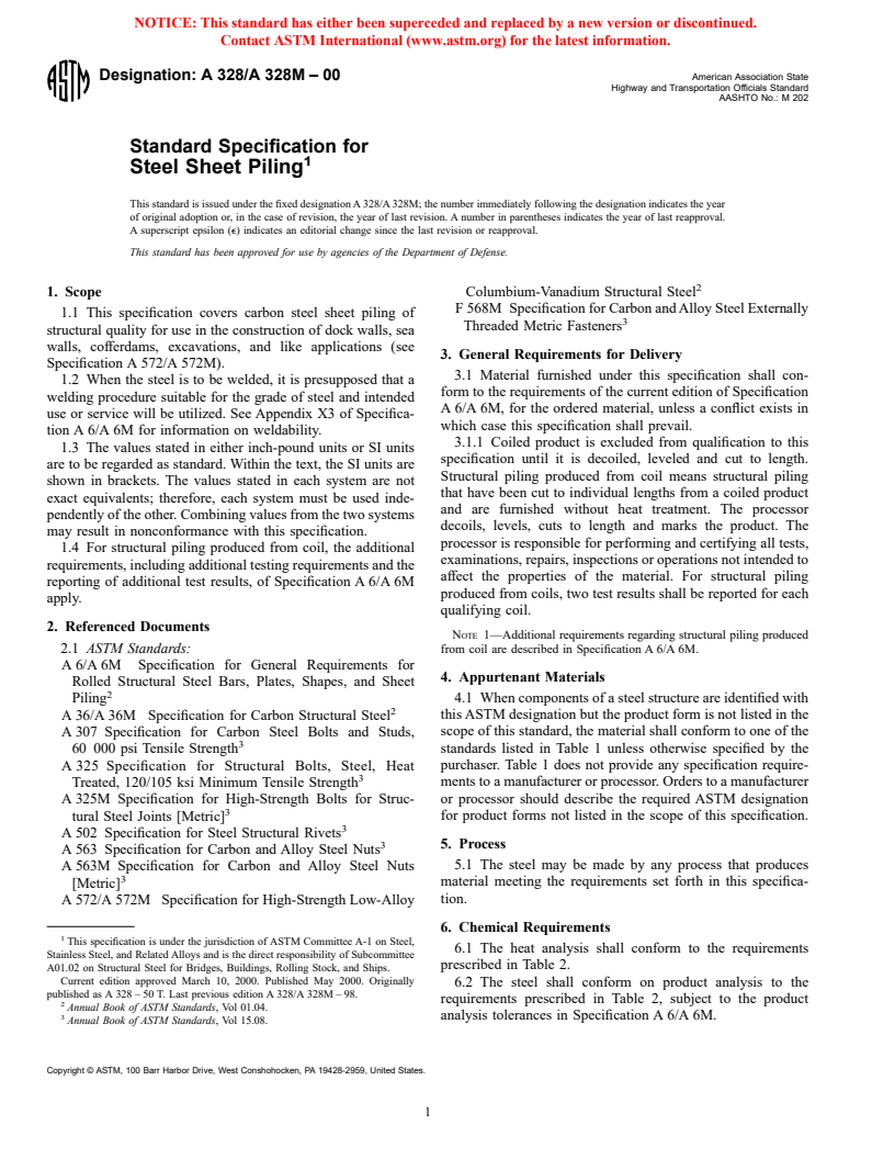 ASTM A328/A328M-00 - Standard Specification for Steel Sheet Piling