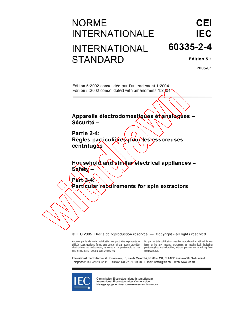 IEC 60335-2-4:2002+AMD1:2004 CSV - Household and similar electrical appliances - Safety - Part 2-4: Particular requirements for spin extractors
Released:1/11/2005
Isbn:2831878012