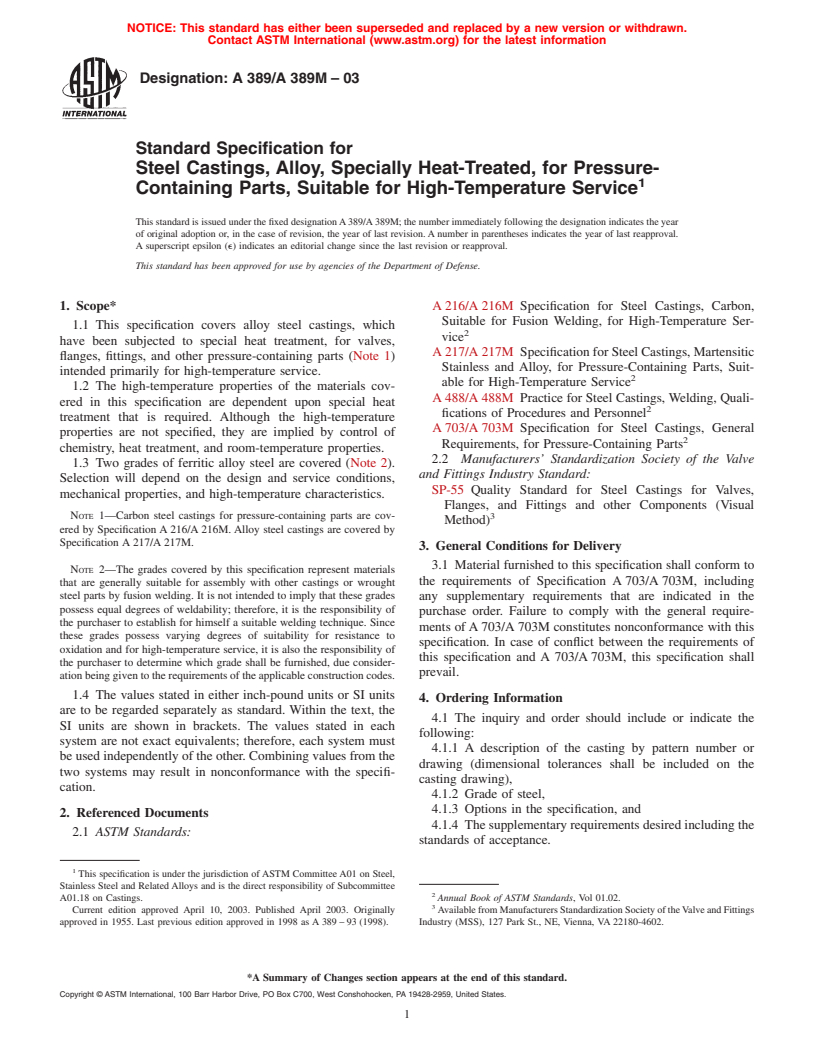 ASTM A389/A389M-03 - Standard Specification for Steel Castings, Alloy, Specially Heat-Treated, for Pressure-Containing Parts, Suitable for High-Temperature Service