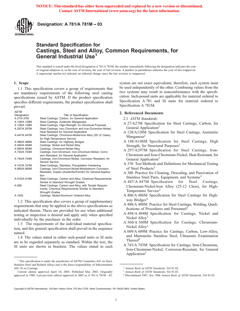 ASTM A781/A781M-03 - Standard Specification for Castings, Steel and Alloy, Common Requirements, for General Industrial Use