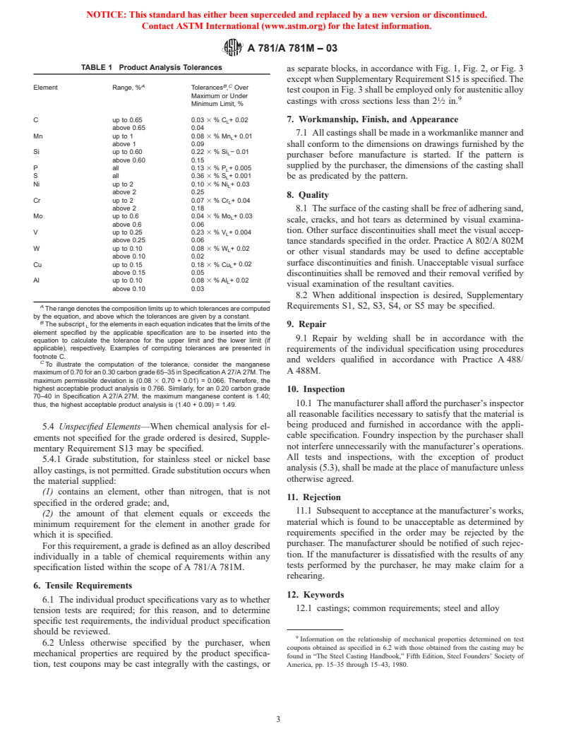 ASTM A781/A781M-03 - Standard Specification for Castings, Steel and Alloy, Common Requirements, for General Industrial Use