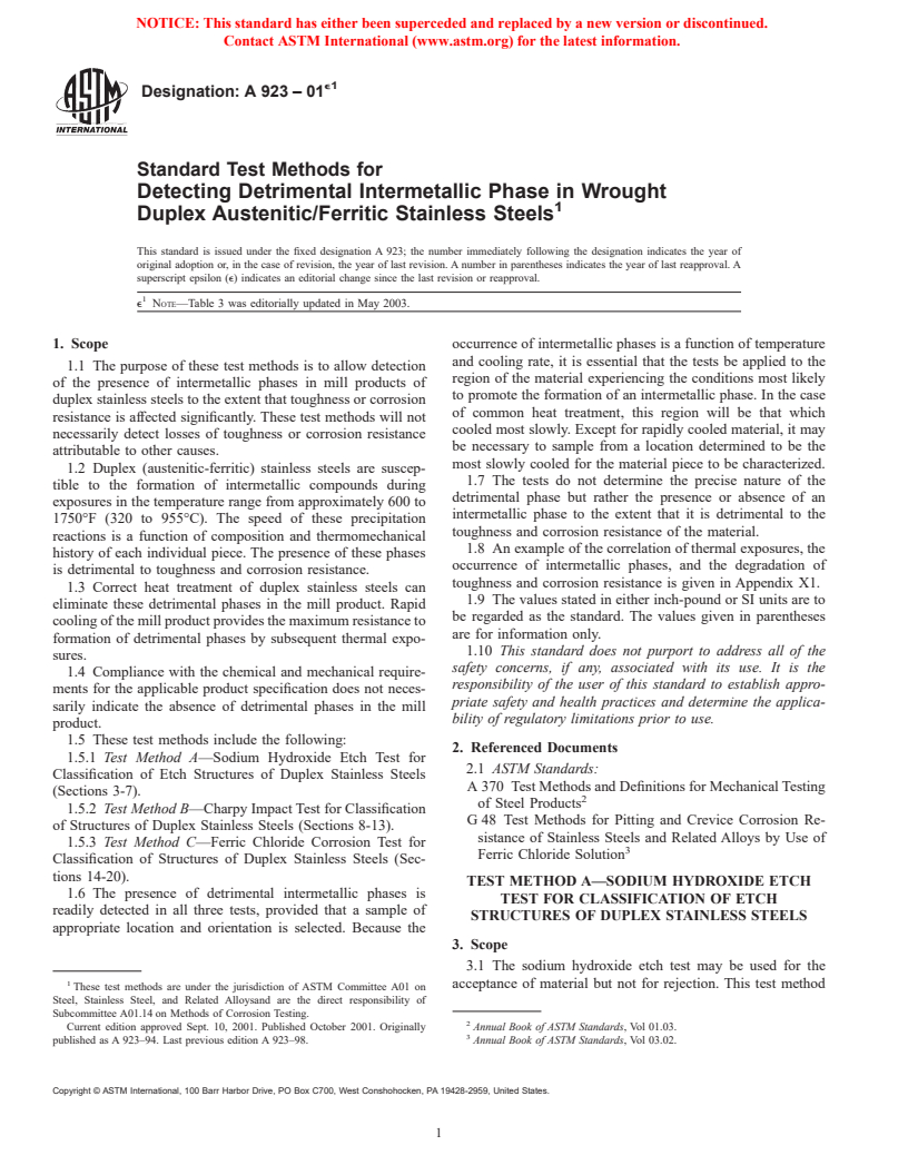 ASTM A923-01e1 - Standard Test Methods for Detecting Detrimental Intermetallic Phase in Wrought Duplex Austenitic/Ferritic Stainless Steels