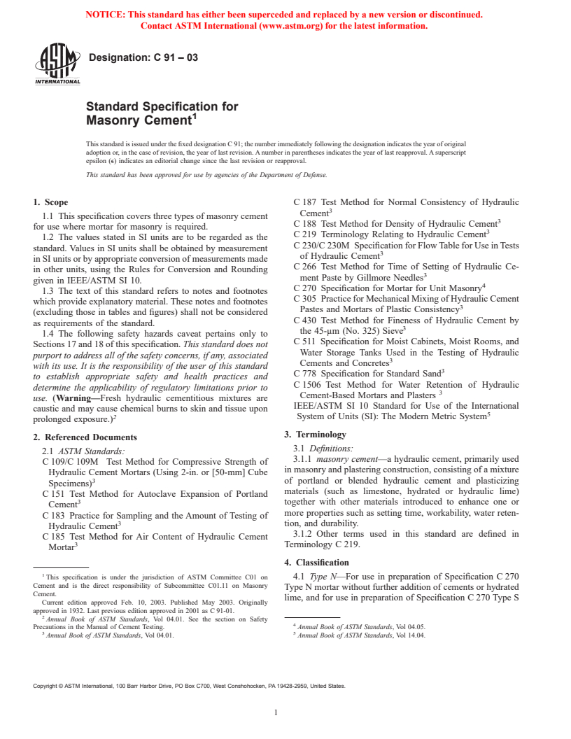 ASTM C91-03 - Standard Specification for Masonry Cement