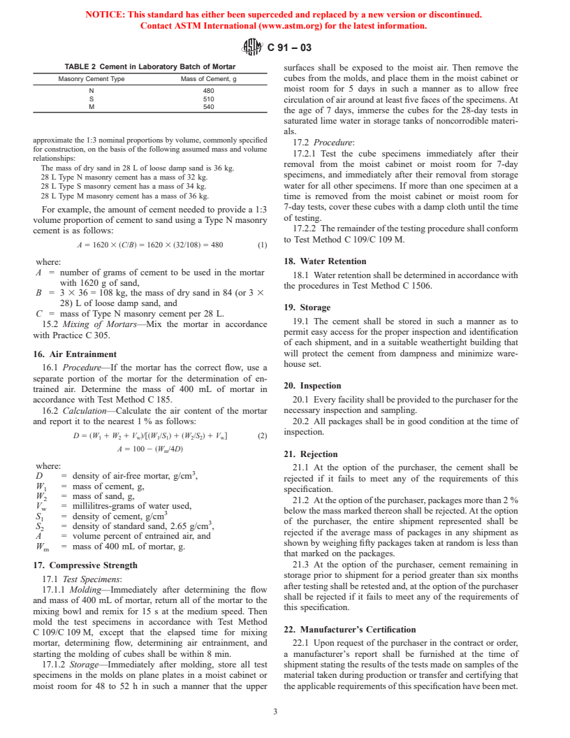 ASTM C91-03 - Standard Specification for Masonry Cement