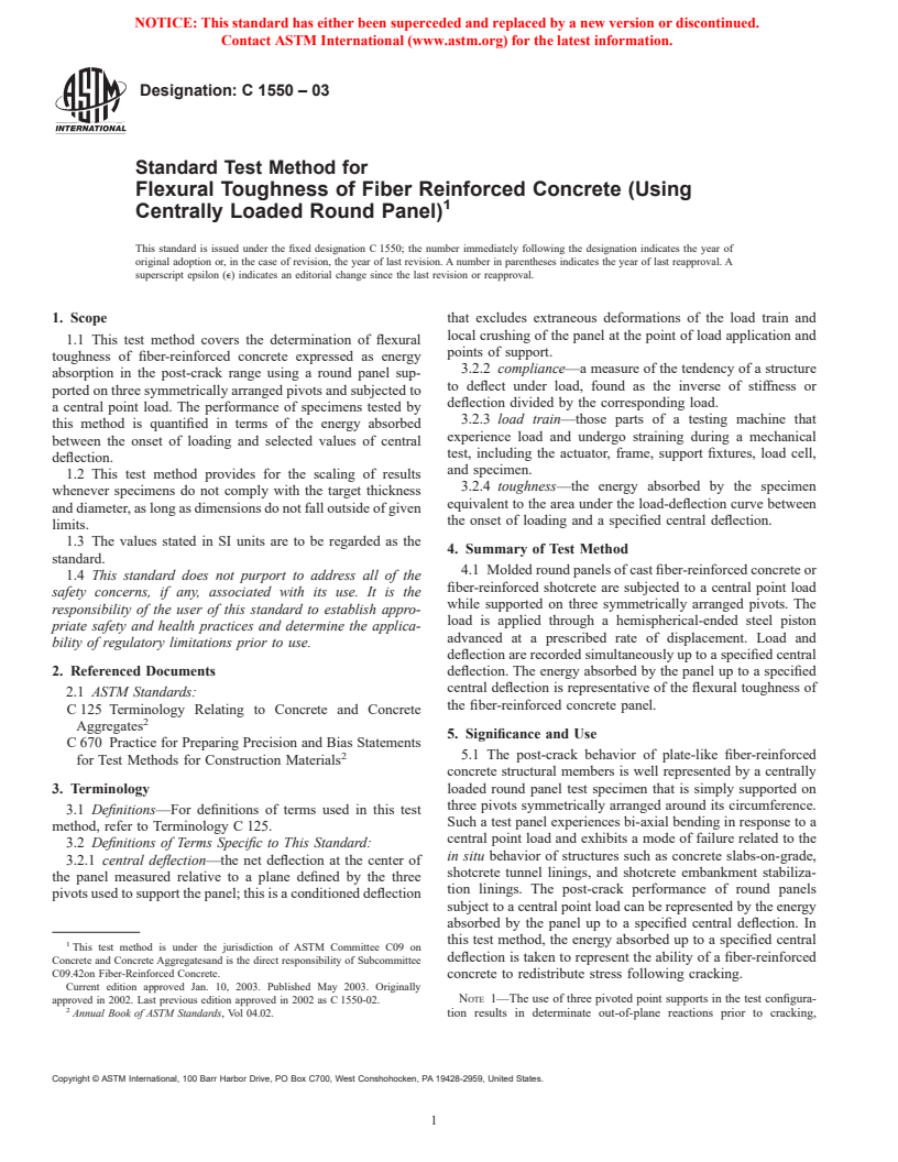 ASTM C1550-03 - Standard Test Method for Flexural Toughness of Fiber Reinforced Concrete (Using Centrally Loaded Round Panel)