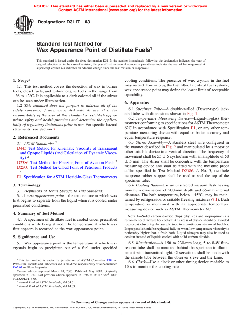 ASTM D3117-03 - Standard Test Method for Wax Appearance Point of Distillate Fuels (Withdrawn 2010)