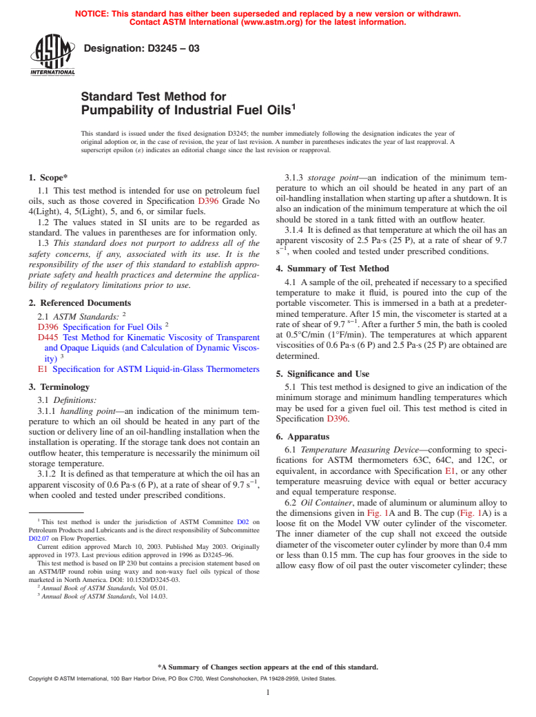 ASTM D3245-03 - Standard Test Method for Pumpability of Industrial Fuel Oils (Withdrawn 2010)